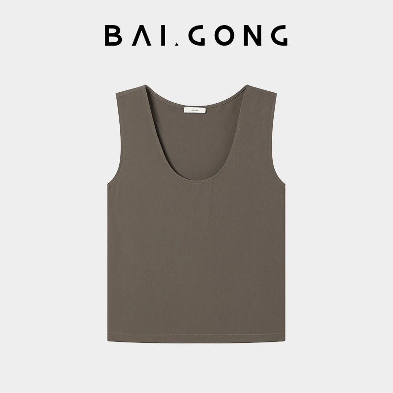 白弓BAIGONG/2025新款极简舒适纯色U领无袖背心55707X