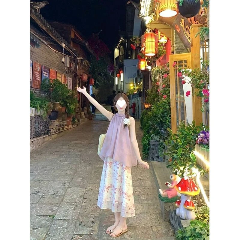 挂脖衬衫碎花裙女夏季年时尚新款度假风温柔气