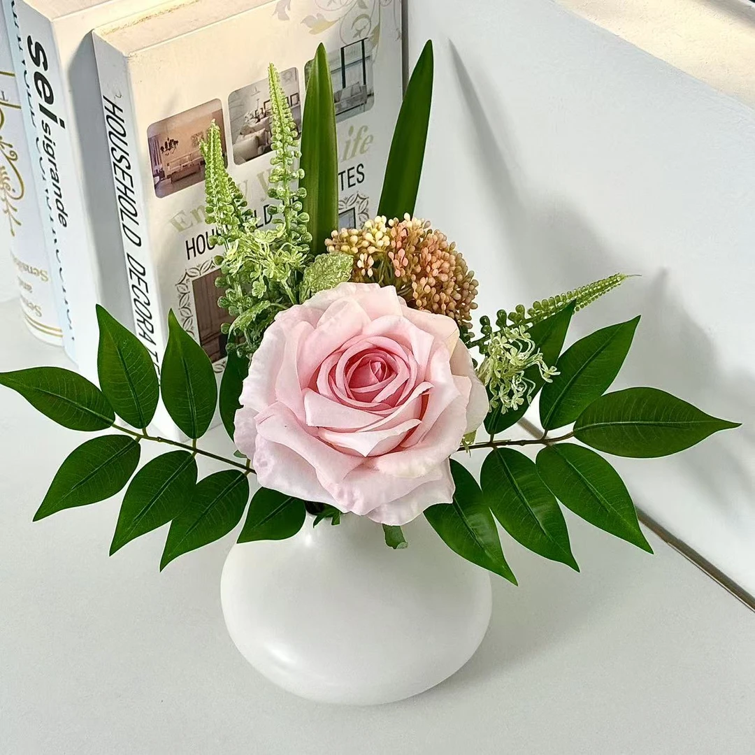 玫瑰花艺手作盆栽清新风格仿真花陶瓷摆件客厅桌面床头柜餐桌装饰