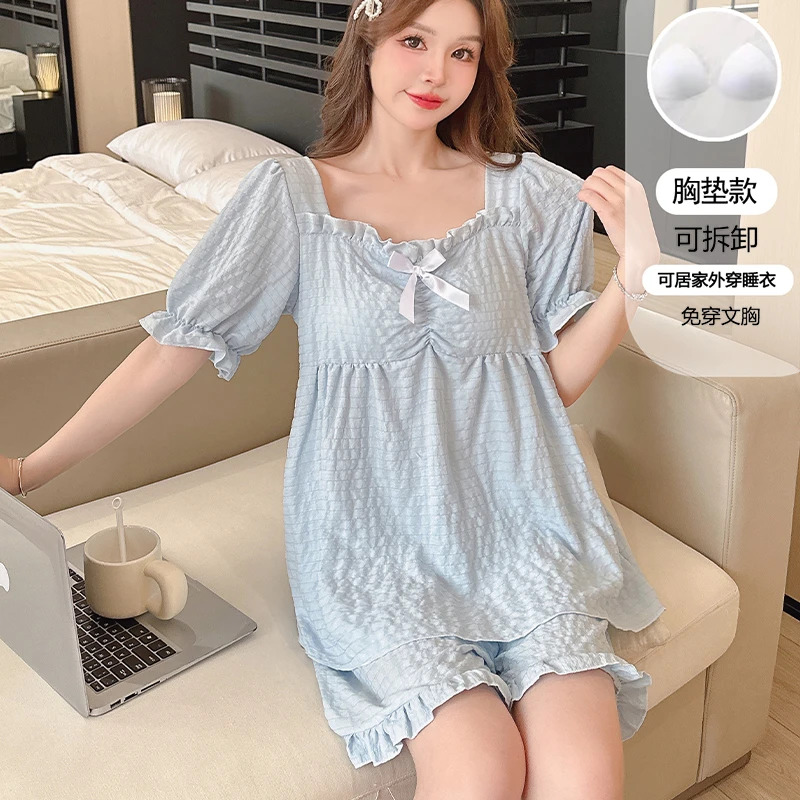 【星】纯色带胸垫短袖睡衣女款夏季纯欲风两件套装可外穿家居服1023