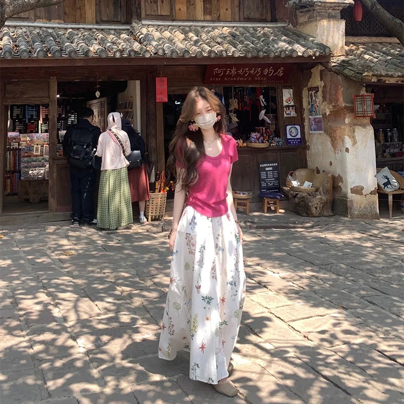 2025夏季新款ins基础款百搭纯色针织T恤上衣女配高腰碎花半身裙女