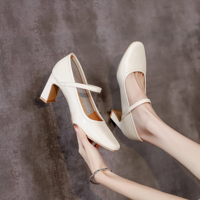 【小方头高跟鞋】一字带玛丽珍鞋女春秋百搭软皮软面单鞋女粗跟低跟