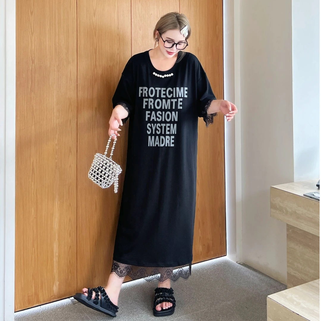 媛子大码印花拼接蕾丝连衣裙洋气夏季新款洋气韩版通勤遮肉长裙