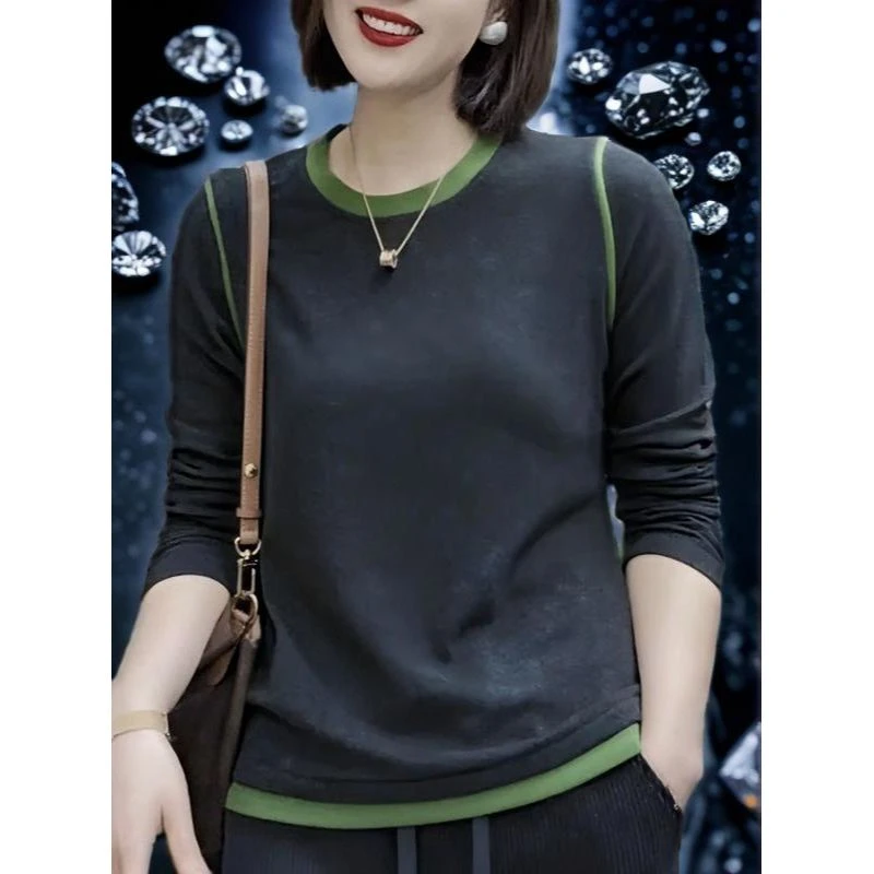 双面德绒圆领长袖t恤打底衫女秋季时尚洋气拼接百搭宽松大码上衣