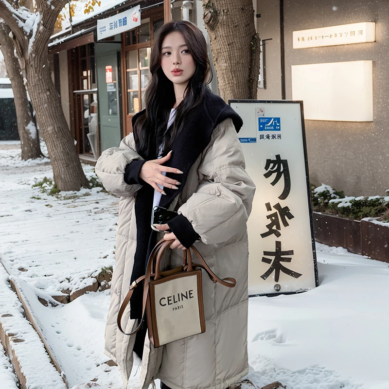 短款假两件中长款时尚女2024冬季新款小个子加厚感白鸭绒面包服