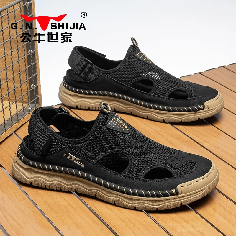 公牛世家凉鞋男款夏季新款镂空洞洞沙滩鞋男士开车网面涉水溯溪鞋