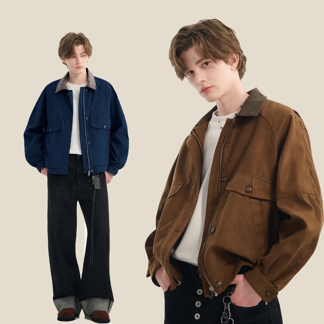 SRME撞色PU皮通勤短外套潮流百搭日系春秋美式cleanfit老钱风夹克