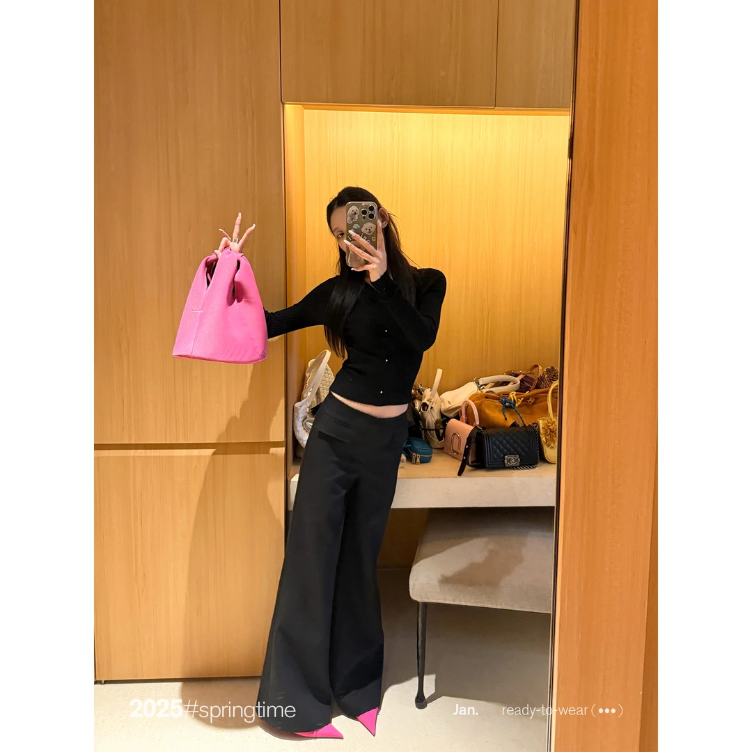 SUNONEONE 毛须直筒西装裤春季黑色拖地阔腿宽松休闲长裤子H0814K