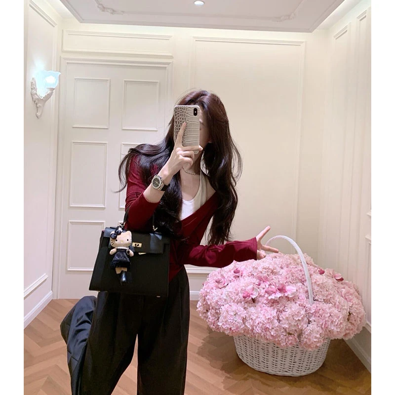 2025秋冬时尚洋气休闲百搭纯欲设计感长袖上衣高腰宽松直筒裤套装