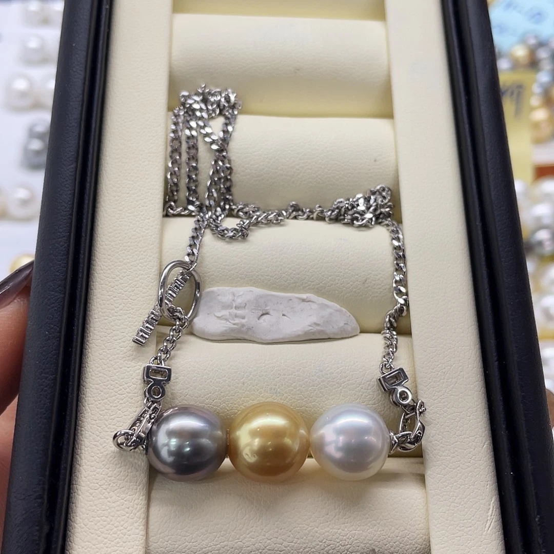 海水珍珠吊坠(赠链)银S925镶嵌三珠古巴项链11-12mm