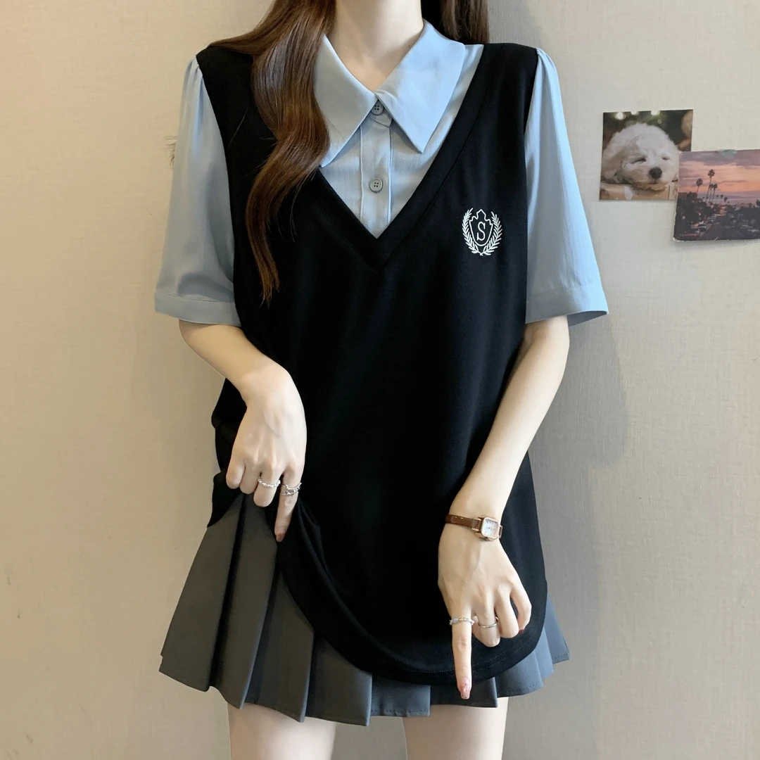 大码女装假两件学院风翻领短袖衬衫女夏季胖妹妹显瘦遮肉别致上衣