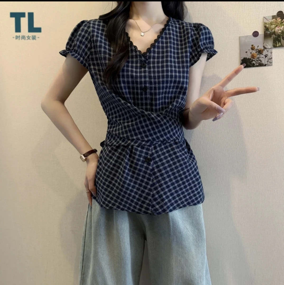 夏季新款蕾丝花边短袖衬衫女蝴蝶结系带泡泡袖收腰上衣