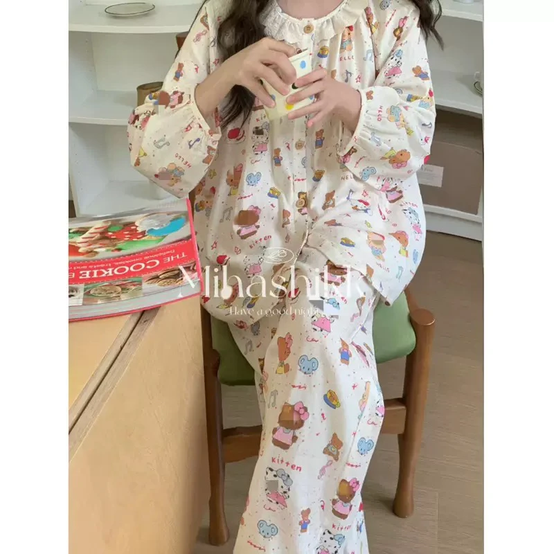双层棉纱/可爱少女风kt猫长袖长裤纯棉家居服套装