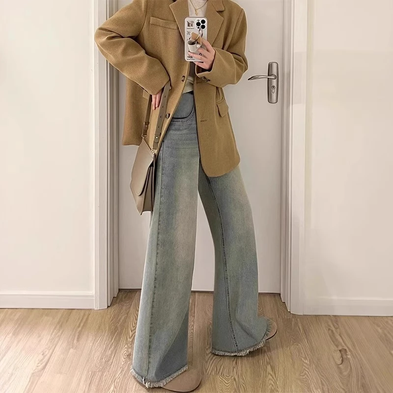 怀旧蓝直筒牛仔裤女春季新款胖妹妹mm高腰宽松显瘦毛边阔腿长裤子