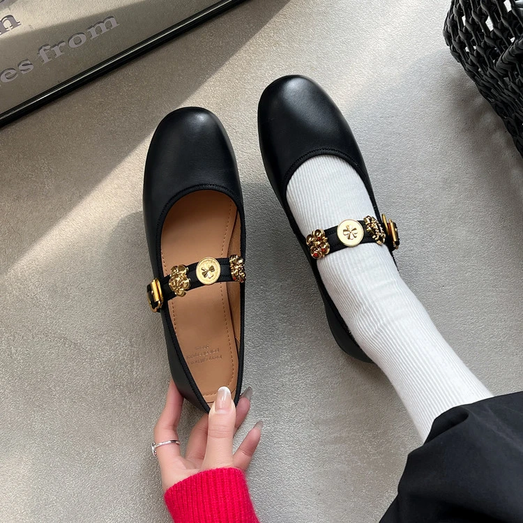 牛皮黑色玛丽珍鞋女低跟平底鞋女软底舒适圆头春秋小单鞋透气浅口