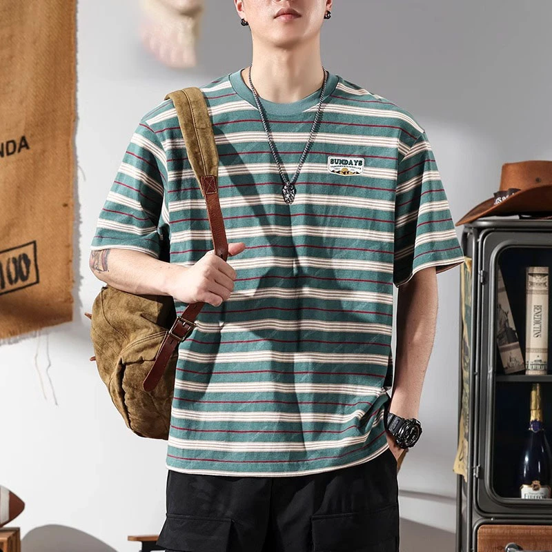 MR.MUDI/穆迪先生美式休闲纯棉重磅条纹短袖T恤男士夏季新款宽松