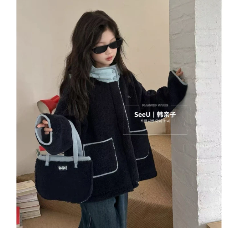 女童外套仿皮毛一体洋气时髦连帽拉链休闲新款休闲日常上衣秋冬