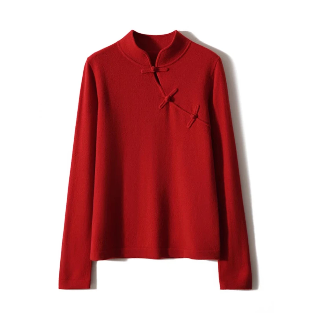 新款复古中国风立领女针织打底衫法式盘扣上衣
