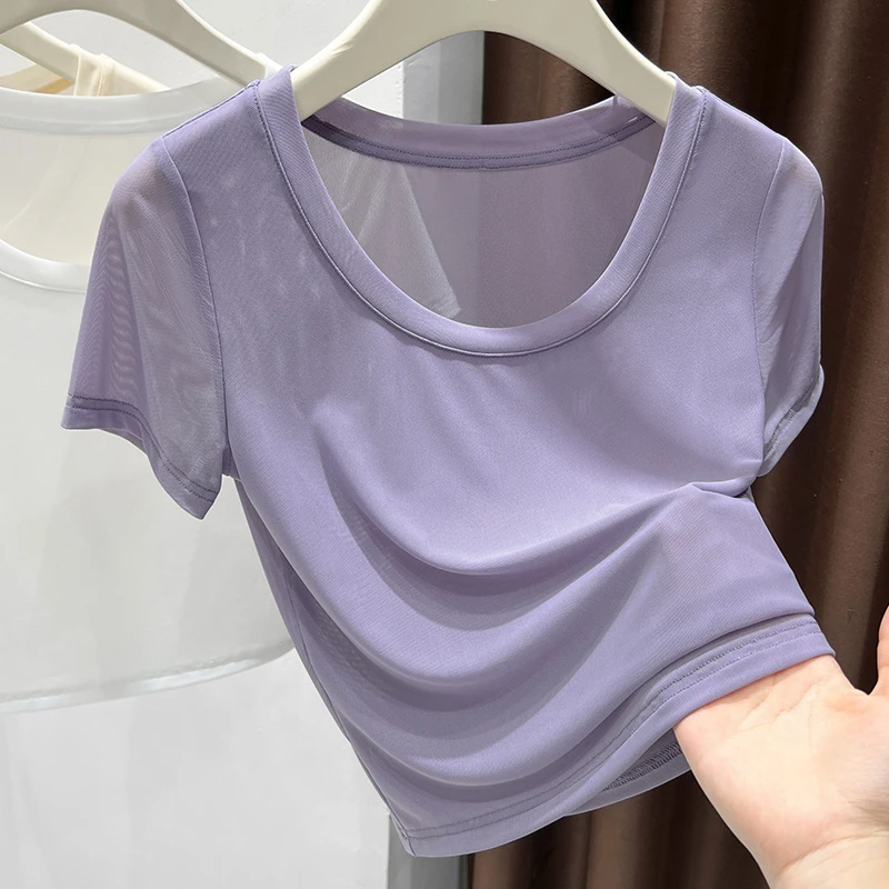 2025夏日清凉T恤时髦洋气简约纯欲风香芋紫色百搭修身女装上衣ins