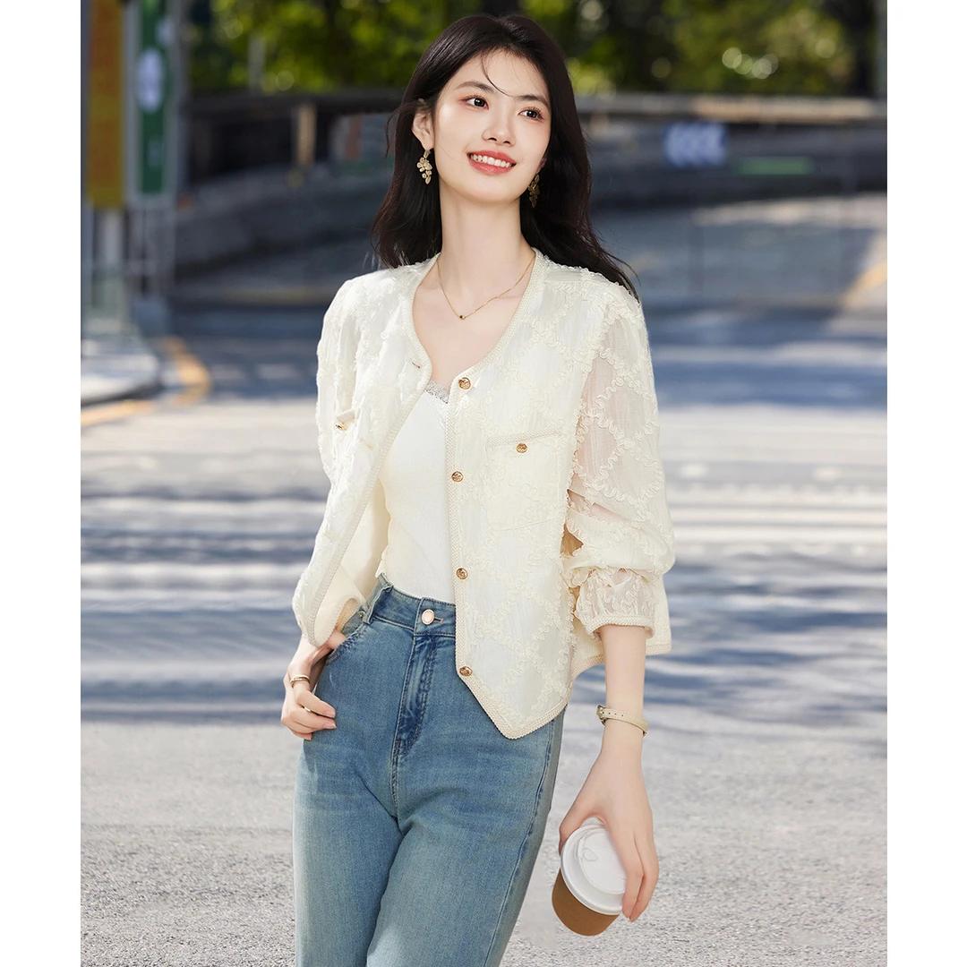 尚静莱赛尔天丝千金风短外套2025秋季新款时尚花边褶皱小香风外套