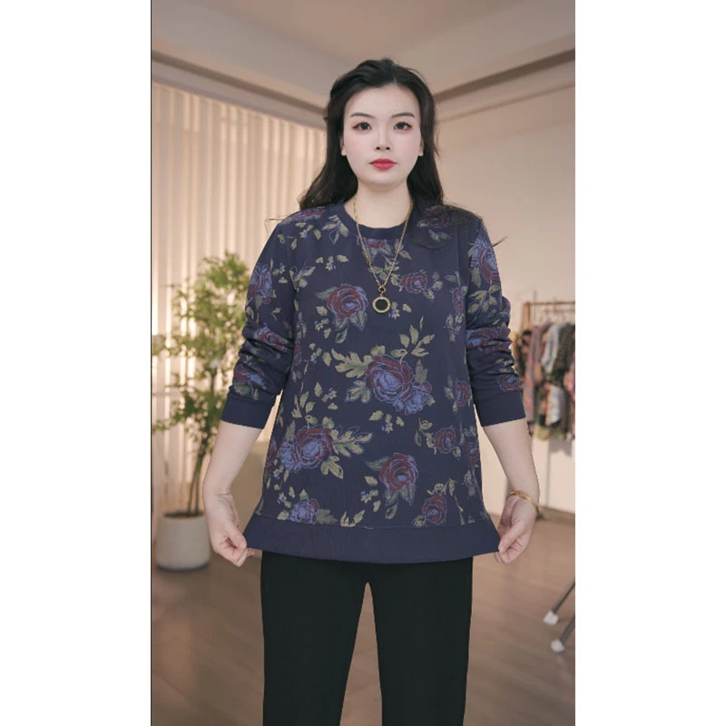 大码女装卫衣宽松显瘦加肥加大号妈妈装气质百搭圆领长袖女