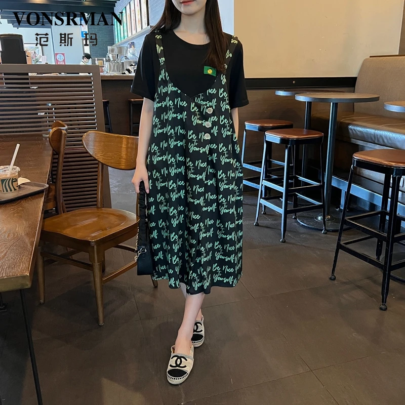 VONSRMAN字母印花假两件吊带连衣裙女夏季新款大码宽松显瘦中长裙