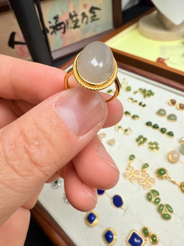 和田玉高冰烟紫戒指简约S925银镶