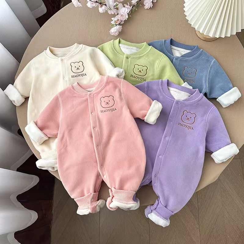 春秋婴儿连体衣加绒加厚款无骨熊头前开长袖幼儿保暖外出爬服哈衣