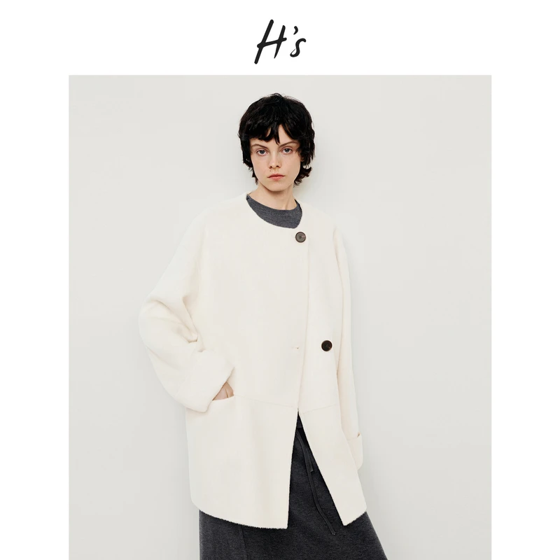 H'S短款毛呢外套女25冬新款高级设计圆领落肩绵羊毛呢子大衣上衣