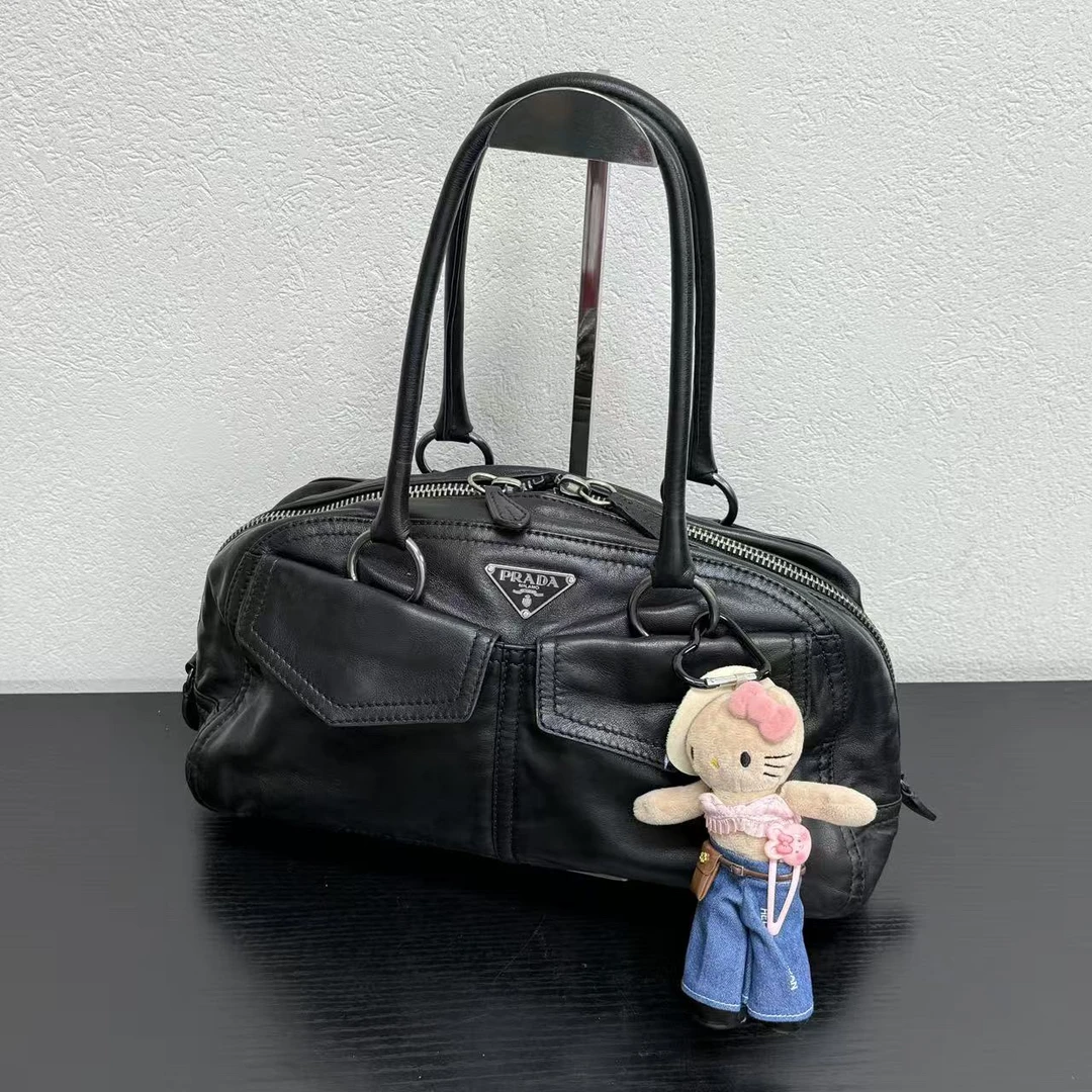 95新 Prada/普拉达 小号全皮黑银双兜保龄球 118702