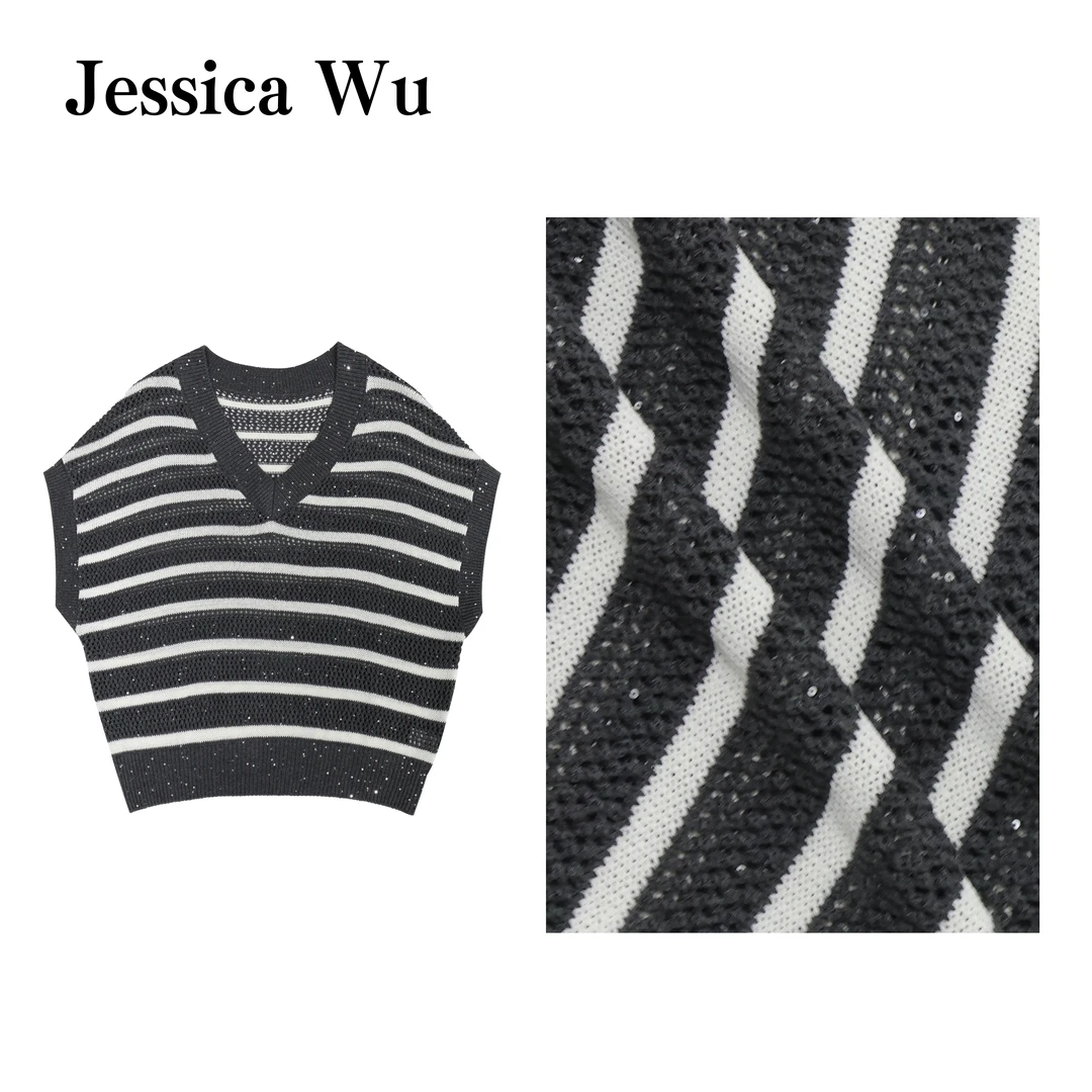 JESSICA WU叠穿百搭~亚麻镂空条纹V领针织衫简约宽松背心
