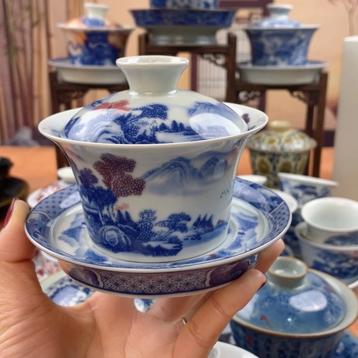 摆件陶富春山居图马蹄盖碗