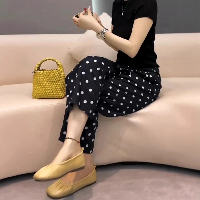 2025早秋新款高腰显瘦九分奶奶裤大码韩系简约风波点休闲哈伦裤女