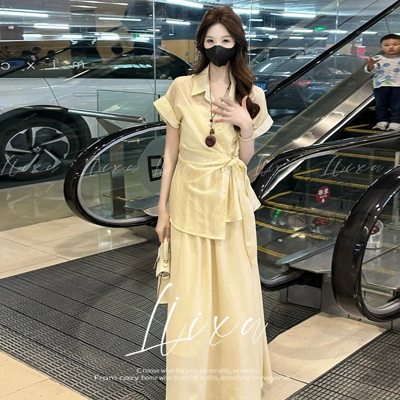 时尚防晒套装裙女2025夏季新款洋气显瘦系带收腰衬衫半身裙两件套