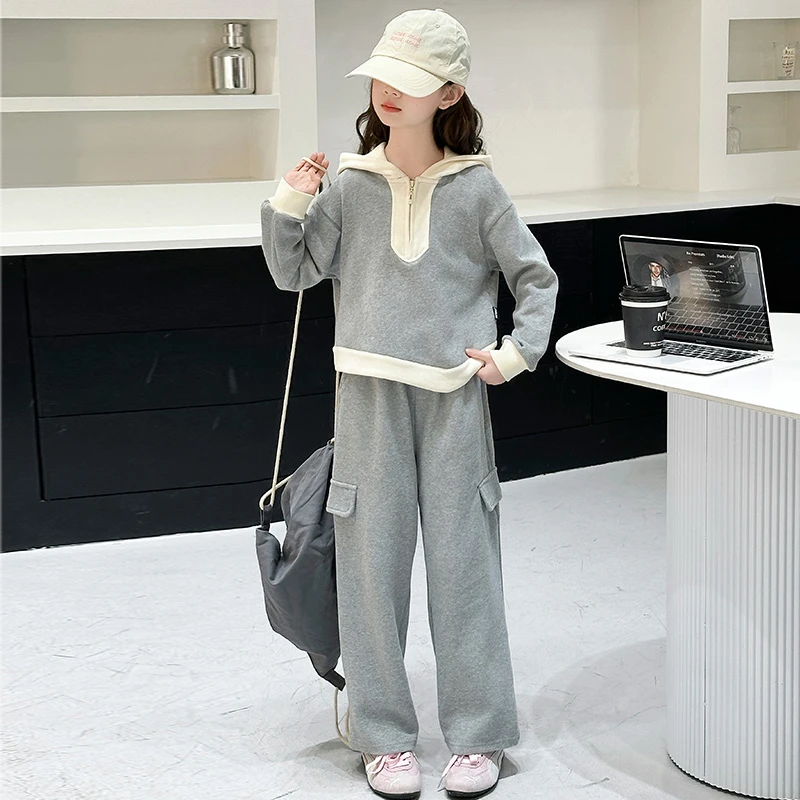 女童套装春季2025新款休闲显瘦减龄连帽拼接卫衣阔腿裤中大童洋气