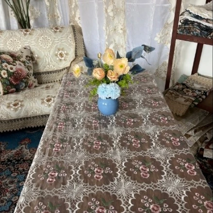 ZN040-82丝光线【140*140】白底粉梅花刺绣高织高密玻璃砂桌布