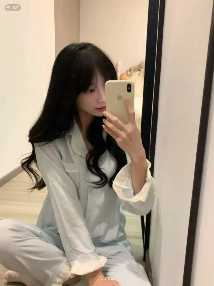 【10】浅蓝色长袖长裤带胸垫睡衣家居服套装 云朵棉少女夏