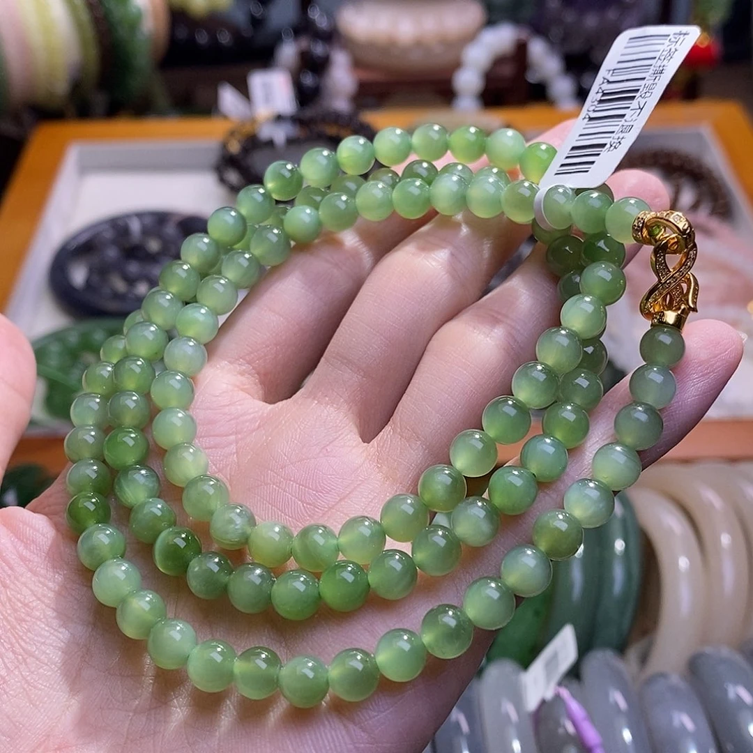 和田玉未镶嵌颈饰碧玉银镶猫眼项链6MM