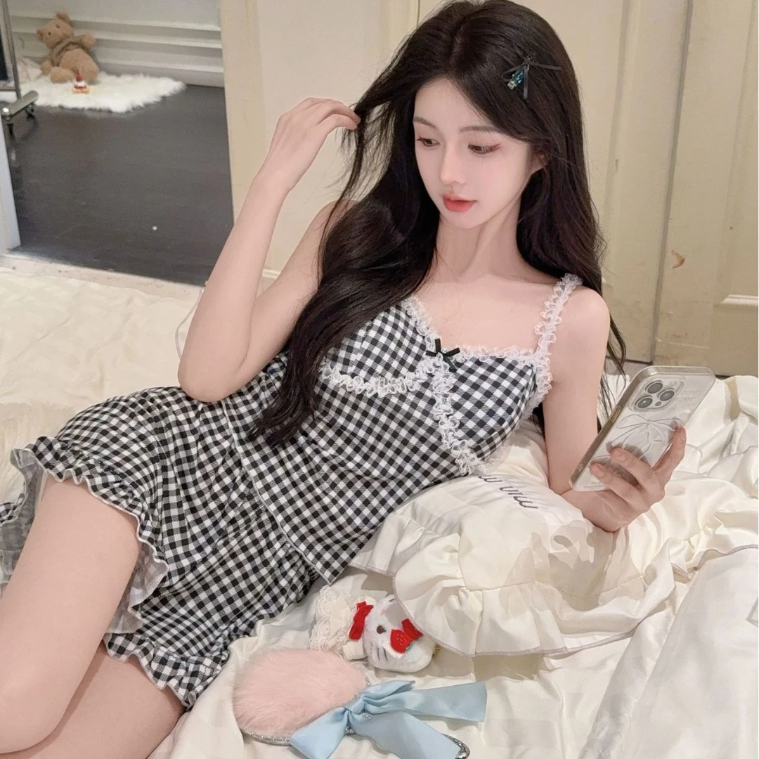 睡衣女夏季薄款少女纯欲风吊带短裤家居服套装女格子性感家居服