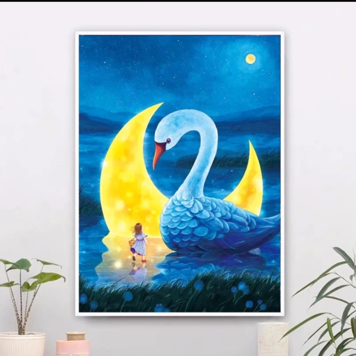 纯手工绣好的十字绣成品2007月亮湖天鹅装饰挂画