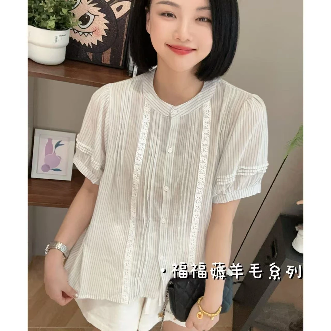 夏季立体提花边竖条纹短袖衬衣衬衫5-6-13