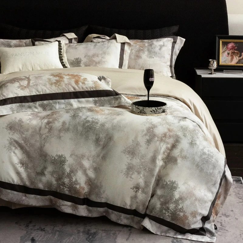 绣花夫人/阿卡西娅/数码印花/双拼角工艺/100支长绒棉四件套