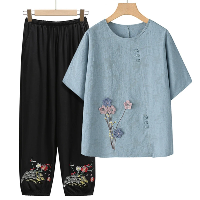 母亲节衣服妈妈夏装短袖套装中年夏季T恤薄款洋气宽松老太太衣服
