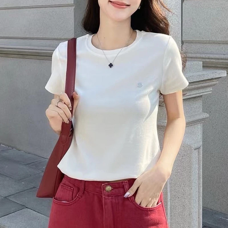 【主播同款】圆领正肩短袖t恤女2025春夏纯色弹力修身打底短T上衣女