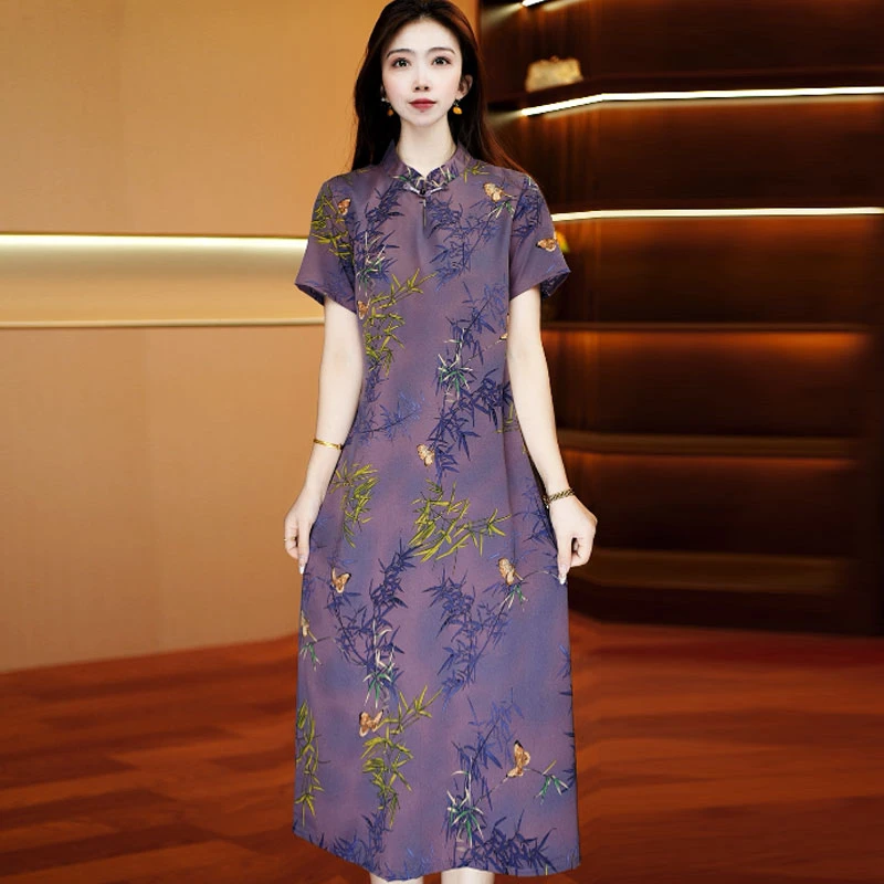 紫竹雅韵盘扣裙  夏季时尚减龄连衣裙百搭短袖裙子
