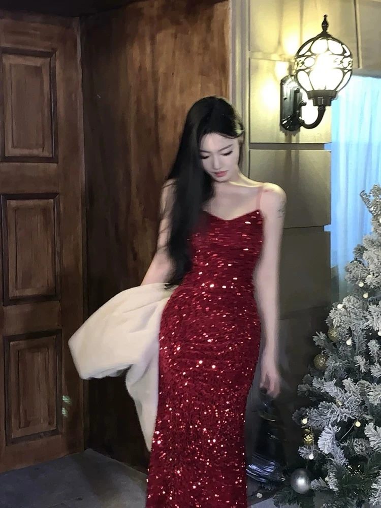 7403法式名媛吊带连衣裙女性感长裙气质裙子