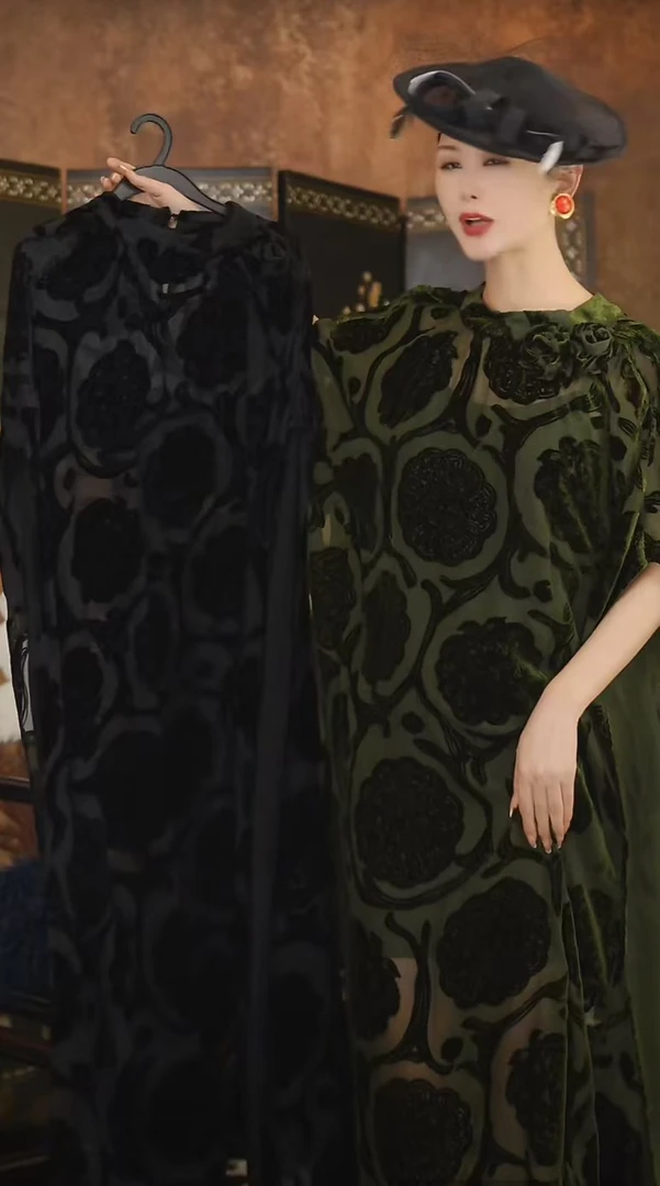 XIANG【月映琉璃】真丝丝绒连衣裙LSLYQ4153