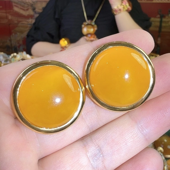 蜜蜡银S925镀金镶嵌耳钉