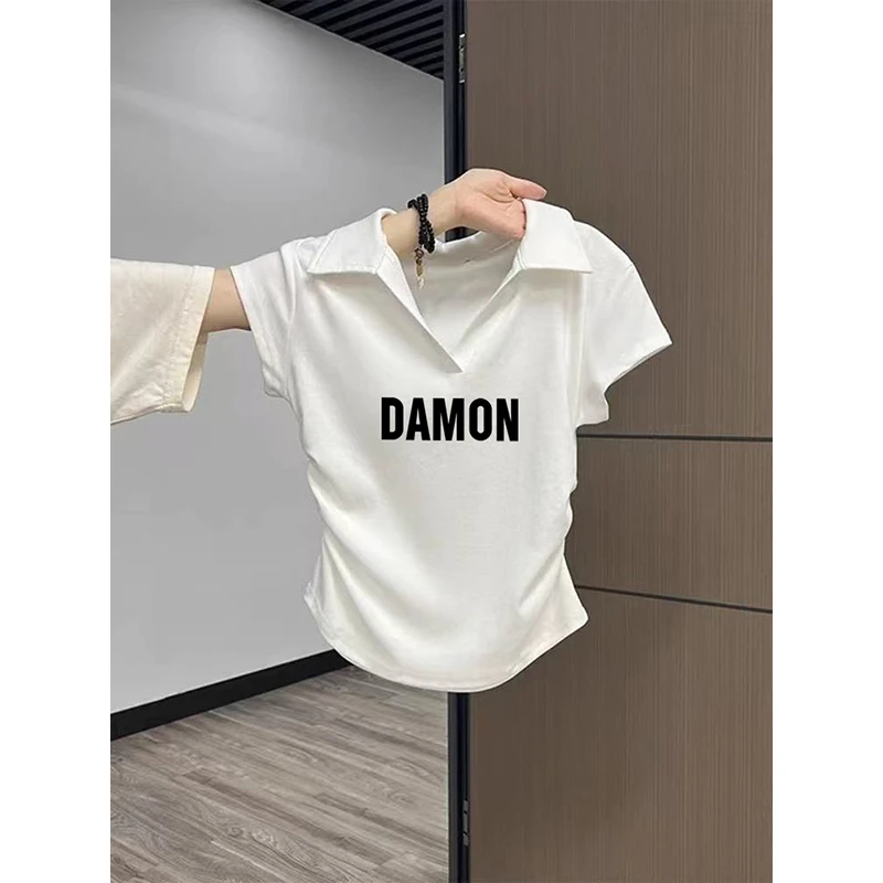 polo衫短袖t恤女夏季新款修身褶皱翻领短款小个子纯棉上衣体恤女