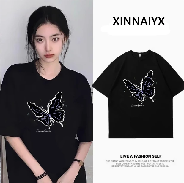 2025黑色正肩短袖t恤女蝴蝶印花设计独特感上衣设计感小众夏